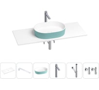 Раковина-столешница Wellsee Le.premier в наборе 6 в 1: каменная раковина матового бирюзового/матового белого цвета, столешница 100 см, кронштейны, смеситель, сифон, вентили 202006386
