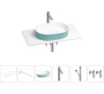 Раковина-столешница Wellsee Le.premier в наборе 6 в 1: каменная раковина матового бирюзового/матового белого цвета, столешница 80 см, кронштейны, смеситель, сифон, вентили 202006384