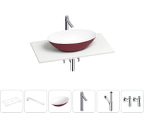 Раковина-столешница Wellsee Le.huit.mars в наборе 6 в 1: каменная раковина матового пурпурно-красного/матового белого цвета, столешница 80 см, кронштейны, смеситель, сифон, вентили 202006413