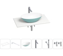 Раковина-столешница Wellsee Le.huit.mars в наборе 6 в 1: каменная раковина матового бирюзового/матового белого цвета, столешница 80 см, кронштейны, смеситель, сифон, вентили 202006441