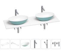 Раковина Wellsee Le.huit.mars в наборе 6 в 1: две раковины из камня с подвесной столешницей 150 см (цвет матовый бирюзовый/матовый белый), кронштейны, смесители, сифоны, вентили 202006453