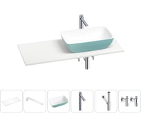 Раковина Wellsee La.chance в наборе 6 в 1: раковина из камня с подвесной столешницей 100 см (цвет матовый бирюзовый/матовый белый), кронштейны, смеситель, сифон, вентили 202006501