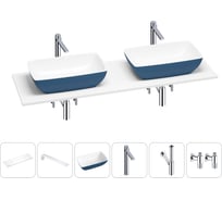 Раковина Wellsee La.chance в наборе 6 в 1: две раковины из камня с подвесной столешницей 150 см (цвет матовый темно-синий/матовый белый), кронштейны, смесители, сифоны, вентили 202006495