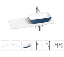 Раковина Wellsee La.chance в наборе 6 в 1: раковина из камня с подвесной столешницей 130 см (цвет матовый темно-синий/матовый белый), кронштейны, смеситель, сифон, вентили 202006494