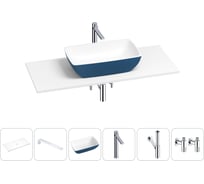 Раковина-столешница Wellsee La.chance в наборе 6 в 1: каменная раковина матового темно-синего/матового белого цвета, столешница 100 см, кронштейны, смеситель, сифон, вентили 202006485
