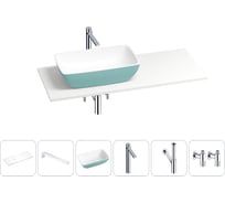 Раковина Wellsee La.chance в наборе 6 в 1: раковина из камня с подвесной столешницей 100 см (цвет матовый бирюзовый/матовый белый), кронштейны, смеситель, сифон, вентили 202006500