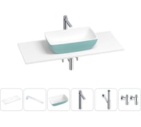Раковина-столешница Wellsee La.chance в наборе 6 в 1: каменная раковина матового бирюзового/матового белого цвета, столешница 120 см, кронштейны, смеситель, сифон, вентили 202006504