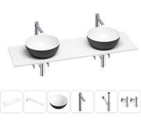 Раковина Wellsee La.lune в наборе 6 в 1: две раковины из камня с подвесной столешницей 160 см (цвет матовый черный/матовый белый), кронштейны, смесители, сифоны, вентили 202006527
