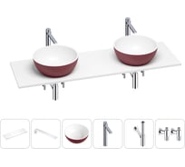 Раковина Wellsee La.lune в наборе 6 в 1: две раковины из камня с подвесной столешницей 160 см (цвет матовый пурпурно-красный/матовый белый), кронштейны, смесители, сифоны, вентили 202006544