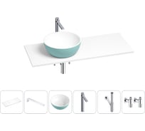 Раковина Wellsee La.lune в наборе 6 в 1: раковина из камня с подвесной столешницей 130 см (цвет матовый бирюзовый/матовый белый), кронштейны, смеситель, сифон, вентили 202006573