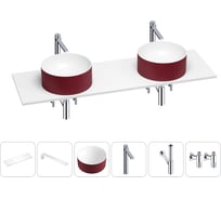 Раковина Wellsee Le.charme в наборе 6 в 1: две раковины из камня с подвесной столешницей 140 см (цвет матовый пурпурно-красный/матовый белый), кронштейны, смесители, сифоны, вентили 202006610