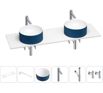 Раковина Wellsee Le.charme в наборе 6 в 1: две раковины из камня с подвесной столешницей 140 см (цвет матовый темно-синий/матовый белый), кронштейны, смесители, сифоны, вентили 202006627