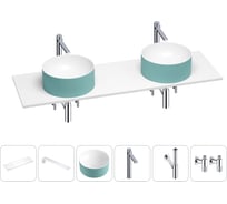 Раковина Wellsee Le.charme в наборе 6 в 1: две раковины из камня с подвесной столешницей 140 см (цвет матовый бирюзовый/матовый белый), кронштейны, смесители, сифоны, вентили 202006644