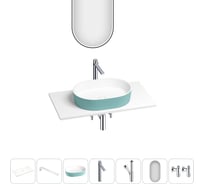 Раковина-столешница Wellsee Le.premier набор 7 в 1: каменная раковина матового бирюзового/матового белого цвета, столешница 90 см, кронштейны, смеситель, сифон, вентили, зеркало 202006693