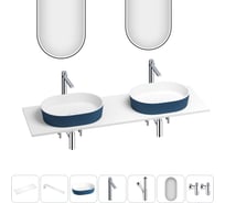 Раковина Wellsee Le.premier набор 7 в 1: две раковины из камня с подвесной столешницей 150 см (цвет матовый темно-синий/матовый белый), кронштейны, смесители, сифоны, вентили, зеркала 202006690