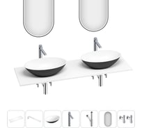 Раковина Wellsee Le.huit.mars набор 7 в 1: две раковины из камня с подвесной столешницей 150 см (цвет матовый черный/матовый белый), кронштейны, смесители, сифоны, вентили, зеркала 202006719