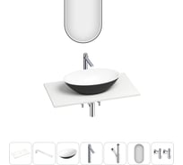 Раковина-столешница Wellsee Le.huit.mars набор 7 в 1: каменная раковина матового черного/матового белого цвета, столешница 90 см, кронштейны, смеситель, сифон, вентили, зеркало 202006708