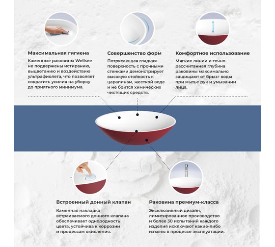 Раковина Wellsee Le.huit.mars набор 7 в 1: раковина из камня с подвесной столешницей 120 см (цвет матовый пурпурно-красный/матовый белый), кронштейны, смеситель, сифон, вентили, зеркало 202006730