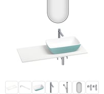 Раковина Wellsee La.chance набор 7 в 1: раковина из камня с подвесной столешницей 130 см (цвет матовый бирюзовый/матовый белый), кронштейны, смеситель, сифон, вентили, зеркало 202006816