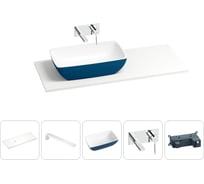 Раковина Wellsee La.chance в наборе 5 в 1: раковина из камня с подвесной столешницей 120 см (цвет матовый темно-синий/матовый белый), кронштейны, смеситель 202007415