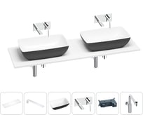 Раковина Wellsee La.chance в наборе 6 в 1: две раковины из камня с подвесной столешницей 160 см (цвет матовый черный/матовый белый), кронштейны, смесители, сифоны 202007700