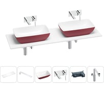 Раковина Wellsee La.chance в наборе 6 в 1: две раковины из камня с подвесной столешницей 150 см (цвет матовый пурпурно-красный/матовый белый), кронштейны, смесители, сифоны 202007713