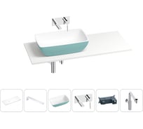 Раковина Wellsee La.chance в наборе 6 в 1: раковина из камня с подвесной столешницей 120 см (цвет матовый бирюзовый/матовый белый), кронштейны, смеситель, сифон 202007737