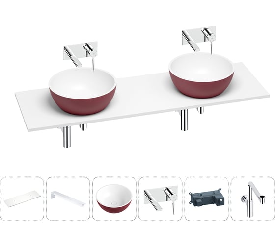 Раковина Wellsee La.lune в наборе 6 в 1: две раковины из камня с подвесной столешницей 160 см (цвет матовый пурпурно-красный/матовый белый), кронштейны, смесители, сифоны 202007776 1