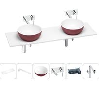 Раковина Wellsee La.lune в наборе 6 в 1: две раковины из камня с подвесной столешницей 150 см (цвет матовый пурпурно-красный/матовый белый), кронштейны, смесители, сифоны 202007775