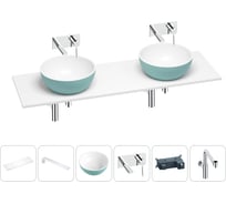 Раковина Wellsee La.lune в наборе 6 в 1: две раковины из камня с подвесной столешницей 150 см (цвет матовый бирюзовый/матовый белый), кронштейны, смесители, сифоны 202007809