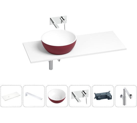 Раковина Wellsee La.lune в наборе 6 в 1: раковина из камня с подвесной столешницей 100 см (цвет матовый пурпурно-красный/матовый белый), кронштейны, смеситель, сифон 202007763 1