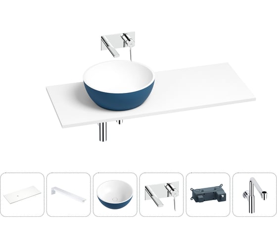 Раковина Wellsee La.lune в наборе 6 в 1: раковина из камня с подвесной столешницей 120 см (цвет матовый темно-синий/матовый белый), кронштейны, смеситель, сифон 202007785 1