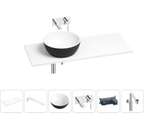 Раковина Wellsee La.lune в наборе 6 в 1: раковина из камня с подвесной столешницей 130 см (цвет матовый черный/матовый белый), кронштейны, смеситель, сифон 202007754