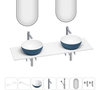Раковина Wellsee La.lune набор 7 в 1: две раковины из камня с подвесной столешницей 120 см (цвет матовый темно-синий/матовый белый), кронштейны, смесители, сифоны, вентили, зеркала 202006863