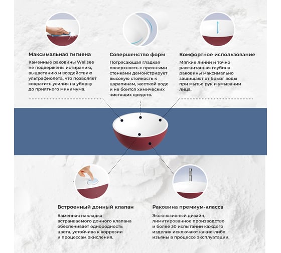 Раковина Wellsee La.lune набор 7 в 1: две раковины из камня с подвесной столешницей 140 см (цвет матовый пурпурно-красный/матовый белый), кронштейны, смесители, сифоны, вентили, зеркала 202006850