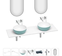 Раковина Wellsee La.lune набор 7 в 1: две раковины из камня с подвесной столешницей 150 см (цвет матовый бирюзовый/матовый белый), кронштейны, смесители, сифоны, зеркала 202008117