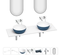 Раковина Wellsee La.lune набор 7 в 1: две раковины из камня с подвесной столешницей 160 см (цвет матовый темно-синий/матовый белый), кронштейны, смесители, сифоны, зеркала 202008101
