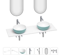 Раковина Wellsee La.lune набор 7 в 1: две раковины из камня с подвесной столешницей 160 см (цвет матовый бирюзовый/матовый белый), кронштейны, смесители, сифоны, вентили, зеркала 202006886