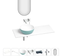 Раковина Wellsee La.lune набор 7 в 1: раковина из камня с подвесной столешницей 120 см (цвет матовый бирюзовый/матовый белый), кронштейны, смеситель, сифон, зеркало 202008110