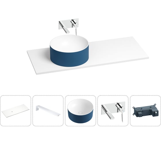 Раковина Wellsee Le.charme в наборе 5 в 1: раковина из камня с подвесной столешницей 100 см (цвет матовый темно-синий/матовый белый), кронштейны, смеситель 202007540 1