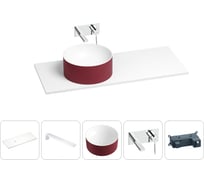 Раковина Wellsee Le.charme в наборе 5 в 1: раковина из камня с подвесной столешницей 100 см (цвет матовый пурпурно-красный/матовый белый), кронштейны, смеситель 202007523