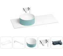 Раковина Wellsee Le.charme в наборе 5 в 1: раковина из камня с подвесной столешницей 120 см (цвет матовый бирюзовый/матовый белый), кронштейны, смеситель 202007562