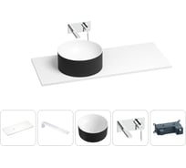 Раковина Wellsee Le.charme в наборе 5 в 1: раковина из камня с подвесной столешницей 130 см (цвет матовый черный/матовый белый), кронштейны, смеситель 202007514