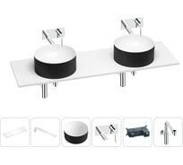 Раковина Wellsee Le.charme в наборе 6 в 1: две раковины из камня с подвесной столешницей 120 см (цвет матовый черный/матовый белый), кронштейны, смесители, сифоны 202007821