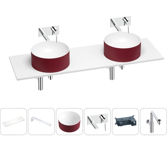 Раковина Wellsee Le.charme в наборе 6 в 1: две раковины из камня с подвесной столешницей 160 см (цвет матовый пурпурно-красный/матовый белый), кронштейны, смесители, сифоны 202007844 1