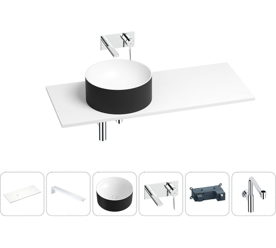 Раковина Wellsee Le.charme в наборе 6 в 1: раковина из камня с подвесной столешницей 100 см (цвет матовый черный/матовый белый), кронштейны, смеситель, сифон 202007814 1