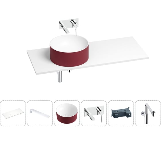 Раковина Wellsee Le.charme в наборе 6 в 1: раковина из камня с подвесной столешницей 100 см (цвет матовый пурпурно-красный/матовый белый), кронштейны, смеситель, сифон 202007831 1