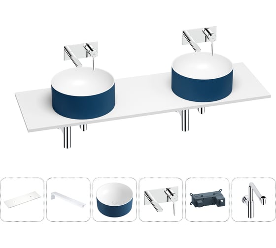 Раковина Wellsee Le.charme в наборе 6 в 1: две раковины из камня с подвесной столешницей 160 см (цвет матовый темно-синий/матовый белый), кронштейны, смесители, сифоны 202007861 1