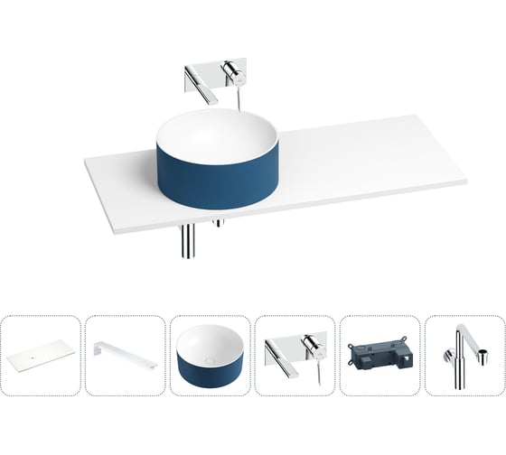 Раковина Wellsee Le.charme в наборе 6 в 1: раковина из камня с подвесной столешницей 120 см (цвет матовый темно-синий/матовый белый), кронштейны, смеситель, сифон 202007853 1