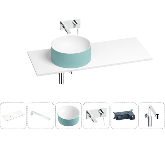 Раковина Wellsee Le.charme в наборе 6 в 1: раковина из камня с подвесной столешницей 120 см (цвет матовый бирюзовый/матовый белый), кронштейны, смеситель, сифон 202007870 1